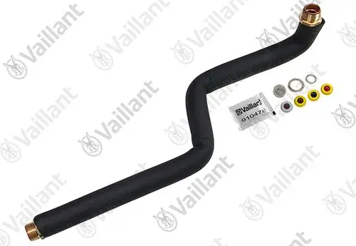 Vaillant-Rohr mit gebogenem Design und zwei Anschlussstellen, umgeben von Montagematerial, einschließlich Unterlegscheiben in verschiedenen Farben.